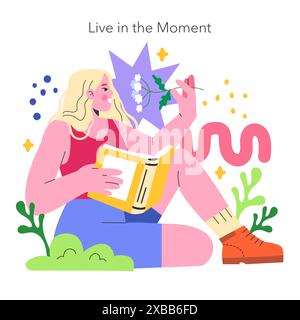 YOLO concept. Illustration of a woman enjoying reading and nature, embodying the 'Live in the Moment' motto. Serenity and mindfulness. Vector illustration. Stock Vector