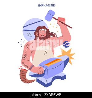 Ancient Greek God Hephaestus illustration. The deity forges with hammer and anvil, embodying craftsmanship and fire. Mythological traditions visualized. Vector illustration. Stock Vector