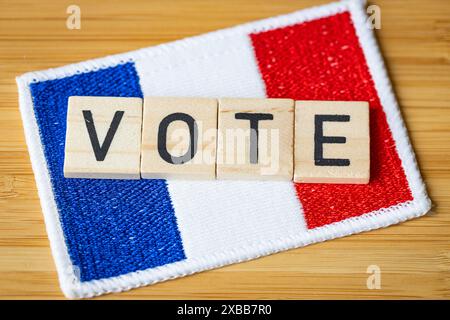Voting in France. The flag of France and wooden blocks with the word Vote Stock Photo