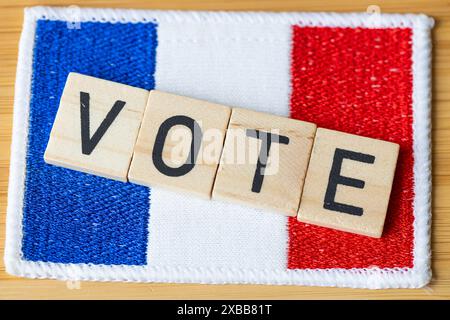 Voting in France. The flag of France and wooden blocks with the word Vote Stock Photo