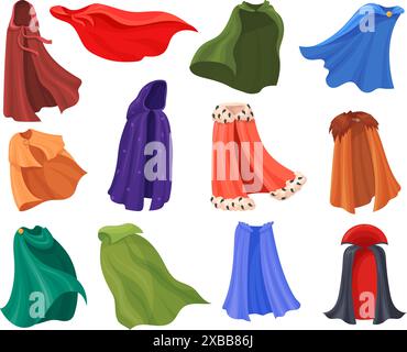 Cartoon magic cloaks. Medieval mantles with hood, carnival costumes clothes comic hero cape king mantle wizard vampire dracula cloak festive costume event, neat vector illustration Stock Vector