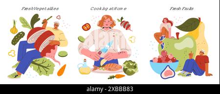 Healthy Eating set. Illustration of people with fresh vegetables, cooking at home, and enjoying fruits. Lifestyle choice, wholesome nutrition habits. Vector illustration. Stock Vector