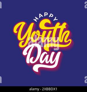 Happy Youth Day calligraphy design on blue background. Beautiful hand drawn lettering greeting card to celebrate International Youth Day on 12 August. Stock Vector