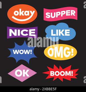 Colorful abstract sticker set for positive expression Okay, supper, nice, boom, OMG, like. Modern trendy badge, label, patch for laptop backdrop Stock Vector