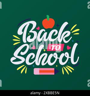 Back to school handwritten text decoration with educational elements apples, pencil, paper airplane on green background. Back to school template Stock Vector
