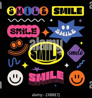 Colorful retro sticker set for smile day. Modern trendy badge, label, patch. Funky 90s abstract shapes with smile text for laptop backdrop. Sticker Stock Vector