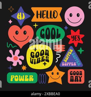 Trendy colorful sticker vector illustration in retro and groovy style. Cool Y2k Stickers collection. Hello, hi, good vibes, super, power chat patch Stock Vector