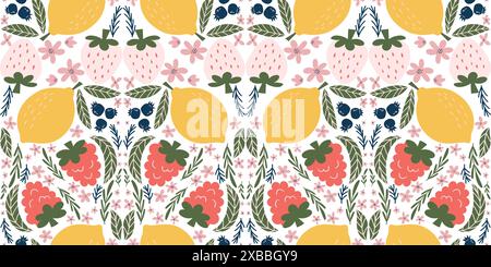 Cheerful seamless pattern featuring illustrations of white strawberries, raspberries, lemons, blackberries, pink flowers, and green leaves, arranged in a playful, diamond-shaped design. Stock Vector