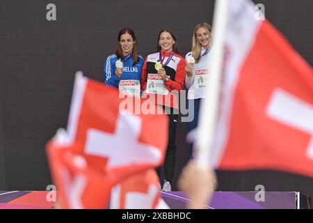 Olympic Stadium, Rome, Italy. 11th June, 2024. 2024 European Athletic Championships, Day 5; Podium for Aikaterini STEFANIDI, Angelica MOSER and Molly CAUDERY Pole Vault women Credit: Action Plus Sports/Alamy Live News Stock Photo