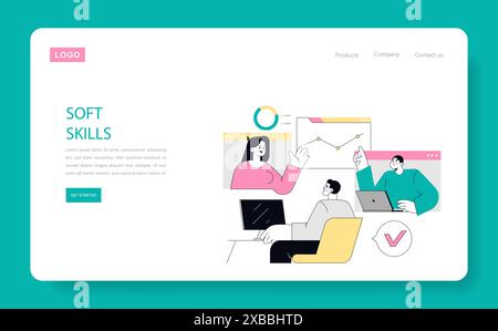 Soft Skills concept. Colleagues engage in teamwork and communication, displaying leadership and problem-solving on a website layout. Vector illustration. Stock Vector