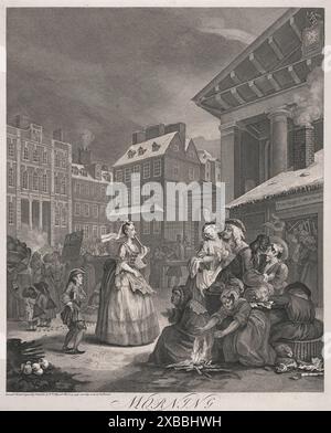 The Four times of Day Morning print engraving by William Hogarth in 1738, georgian era satire funny human carictaures Stock Photo