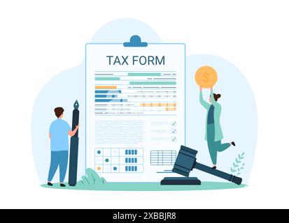 Tax form filling, research and payment, business accounting. Tiny people with pen and money check cost of monthly deductions in statement, submission of financial document cartoon vector illustration Stock Vector