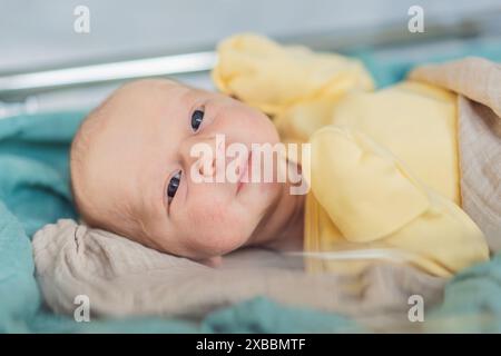 A newborn rests peacefully in his transparent bassinet in the hospital. The clear bassinet provides visibility for medical staff to monitor the baby's Stock Photo