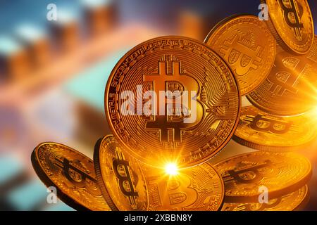 Bitcoin cryptocurrency, The process of creating and mining virtual cryptocurrencies, Bitcoin mining on a farm, crypto exchange and crypto wallet Stock Photo