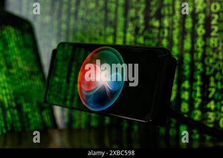 Krakow, Poland. 11th June, 2024. In this photo illustration, the Siri logo is seen displayed on a smartphone screen against a computer screens and its reflections displaying an illustration of stock market numbers as Apple announces plans to bring generative A.I. to more than a billion iPhone users worldwide. (Photo by Dominika Zarzycka/Sipa USA) Credit: Sipa USA/17�Թ����� Live News Stock Photo