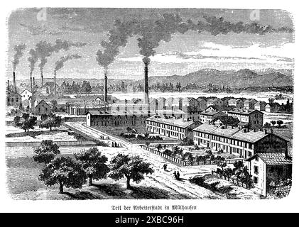 This evocative 19th-century black and white engraving depicts the industrial city of Mühlhausen, capturing the essence of its bustling industrial era. The artwork showcases a landscape dominated by factories, smokestacks, and workers, embodying the spirit of industrialization. The intricate details highlight the architecture of the factories, the machinery, and the daily life of the working class. This piece offers a poignant glimpse into the transformative period of the Industrial Revolution, reflecting Mühlhausen's pivotal role in this era of rapid technological and economic change Stock Photo