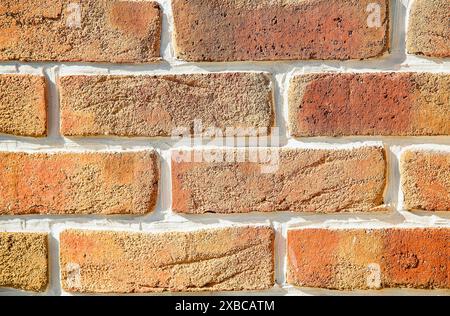Close-up of a brick wall with red and brown bricks, showcasing texture and detailed masonry, background image Stock Photo