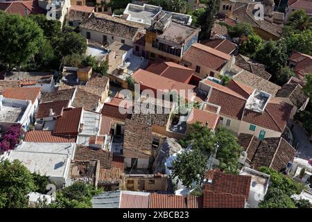 View over the rooftops of Anafiotika, residential neighbourhood with traditional houses, Plaka old town, Athens, Greece Stock Photo