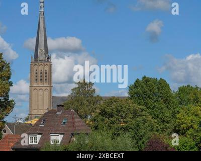 View of a high church tower above the roofs of the city and green trees, in sunny weather and blue sky, Doesburg, Gelderland, Netherlands Stock Photo