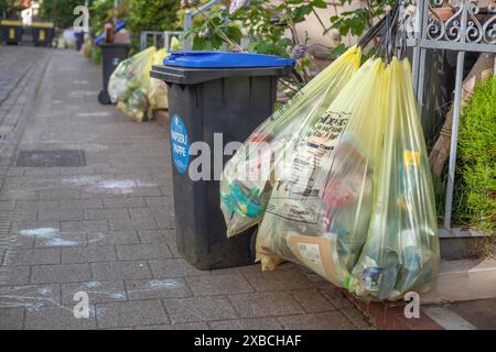 Yellow bags for plastic waste, hanging on a garden fence in front of a house entrance and blue bin for waste paper, waste separation, Bremen, Germany Stock Photo