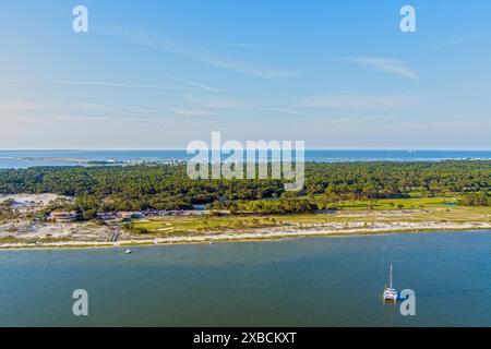 Aerial view of Pelican Cove and the beach at Dauphin Island, Alabama Stock Photo