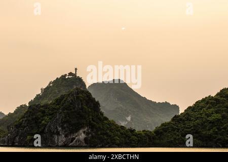 Stunning Ti Top Island in heart of the Alluring Long Bay, Vietnam. Astounding, Breathtaking, Compelling, Glorious, Intriguing, Incredible,Jaw-dropping Stock Photo