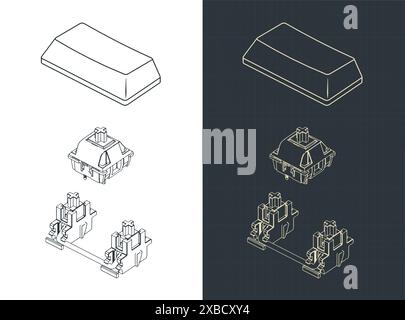 Stylized vector illustrations of isometric blueprints of a switch with stabilizer and keycap for mechanical keyboard Stock Vector