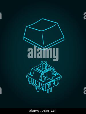 Stylized vector illustrations of isometric blueprints of a switch and keycap for mechanical keyboard Stock Vector