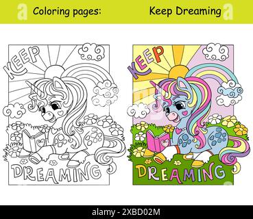 Unicorn reading the book on a blooming meadow. Keep dreaming lettering. Cartoon vector illustration. Kids monochrome coloring page with color template Stock Vector