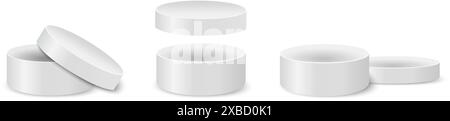 Open round box mockups. Cardboard or steel containers for gifts or hats, cosmetics or medicine, sweets or cookies. Silver cylindrical packages. Vector realistic illustration. Stock Vector