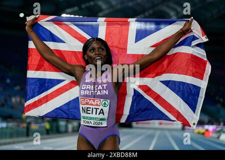 Rome, Italy. 11th June, 2024. Rome, Italy, June 11th 2024: Daryll Neita (Great Britain) celebrates winning silver during the 200m Women Final and winning gold during the European Athletics Championships 2024 at Stadio Olimpico in Rome, Italy. (Daniela Porcelli/SPP) Credit: SPP Sport Press Photo. /Alamy Live News Stock Photo