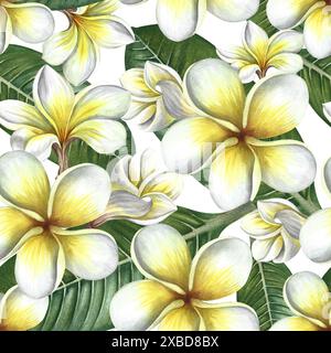 Seamless pattern with plumeria and frangipani flowers with leaves. A hand-drawn watercolor illustration. For textiles, wallpapers and backgrounds. For Stock Photo