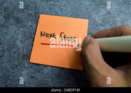 Concept of Next Steps write on sticky notes isolated on Wooden Table. Stock Photo