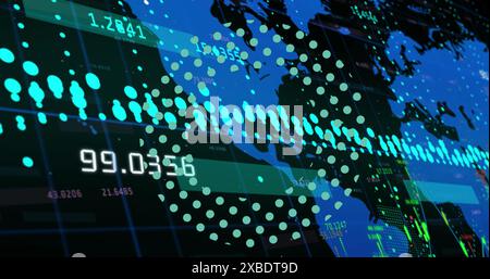 Image of multiple changing numbers and data processing over world map against black background Stock Photo