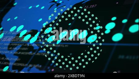 Image of multiple changing numbers and data processing over world map against black background Stock Photo