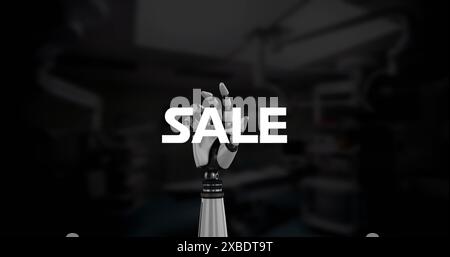 Image of sale text over robotic hand on black background Stock Photo