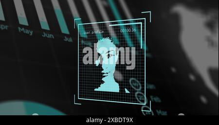 Image of digital portraits of woman over data processing Stock Photo