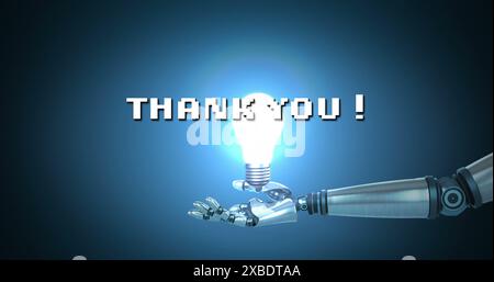 Image of thank you text over robotic hand holding light bulb on black background Stock Photo