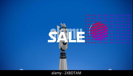 Image of sale text and shapes over robotic hand on blue background Stock Photo