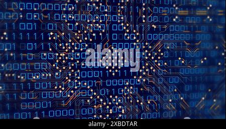 Image of glowing golden motherboard over binary data processing on blue background Stock Photo