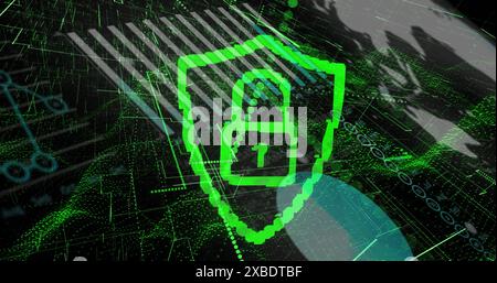 Image of online security padlock data processing over green mesh Stock Photo