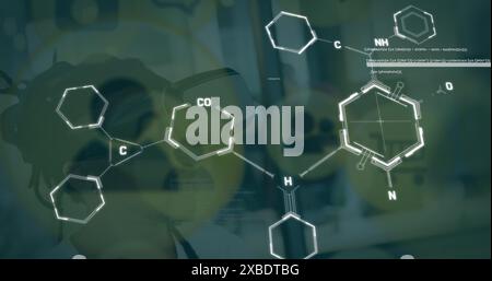 Image of chemical formulas over falling icons Stock Photo