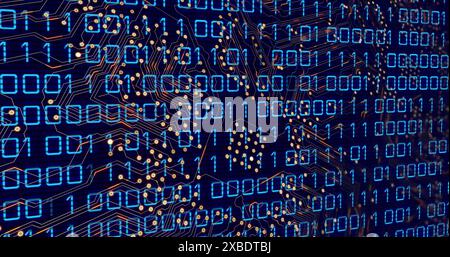 Image of microprocessor digitally generated image of heart icon against blue background Stock Photo