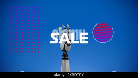 Image of sale text and shapes over robotic hand on blue background Stock Photo
