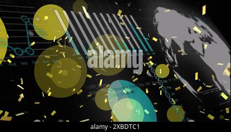 Image of confetti and light spots over data processing on black background Stock Photo