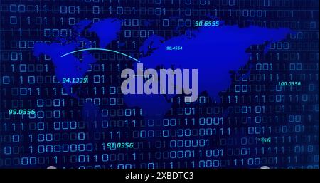 Image of blue world map and communication network over binary data processing on blue background Stock Photo