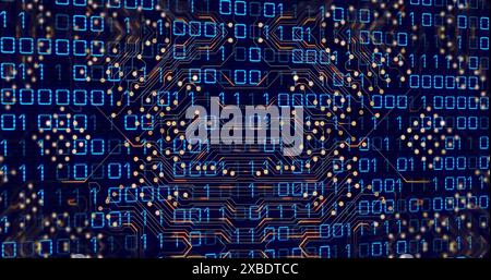 Image of glowing golden motherboard over binary data processing on blue background Stock Photo