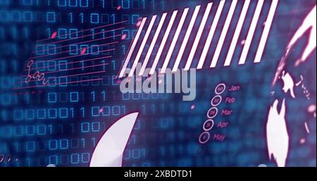 Image of pink graphs, charts and globe over binary data processing on blue background Stock Photo
