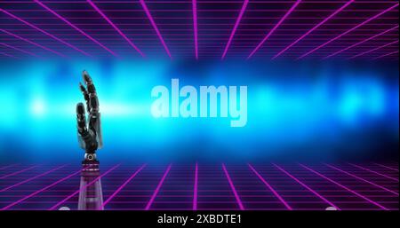 Image of on robotic hand over blue light on black background Stock Photo