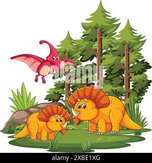 Dinosaurs and pterodactyl in lush forest Stock Vector